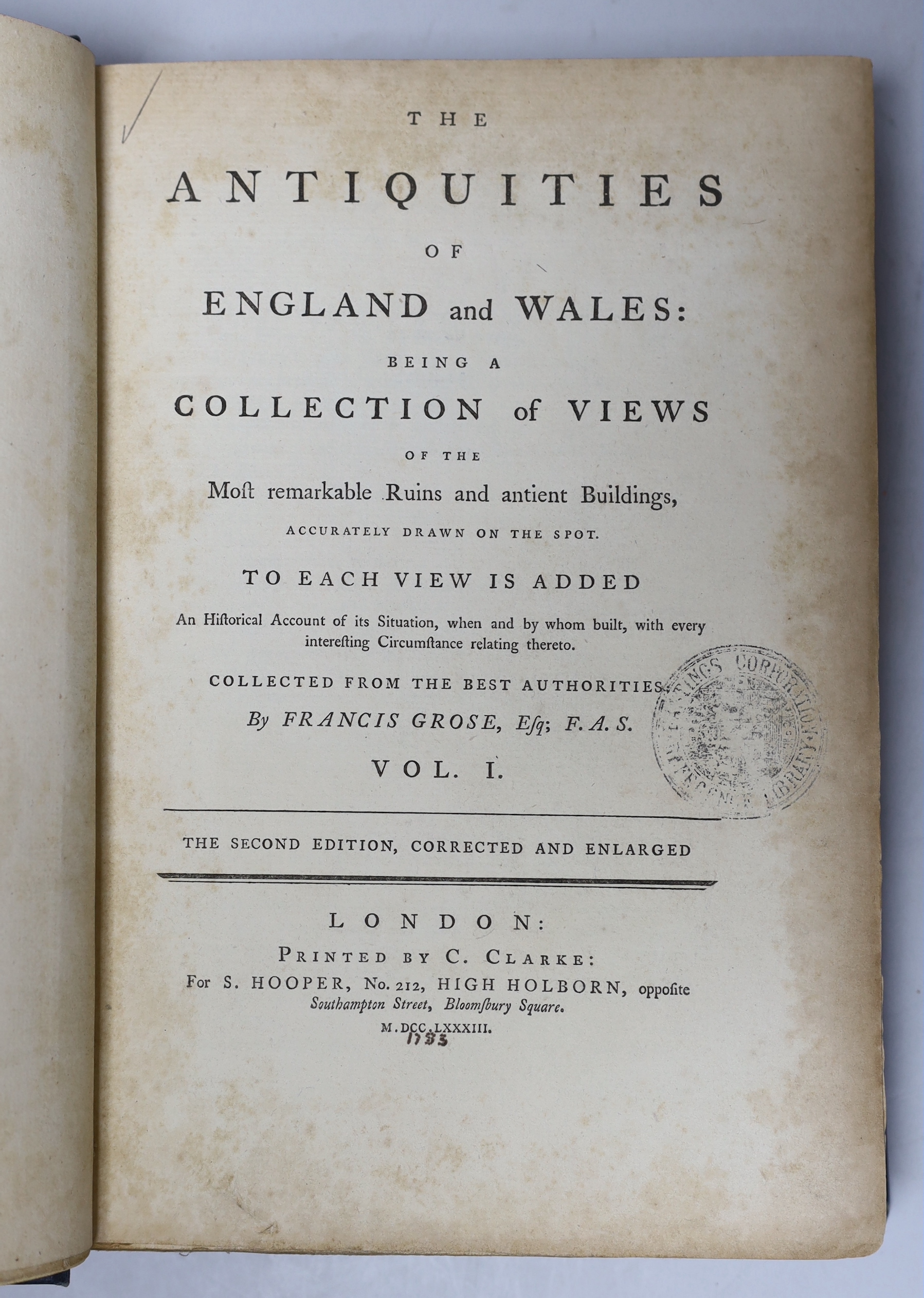 BRITAIN: Grose, Francis. The Antiquities of England and Wales, 8 vols., second edition, numerous engraved plates and plans, some folding, 51 engraved county maps with wash and outline hand-colouring, additional engraved